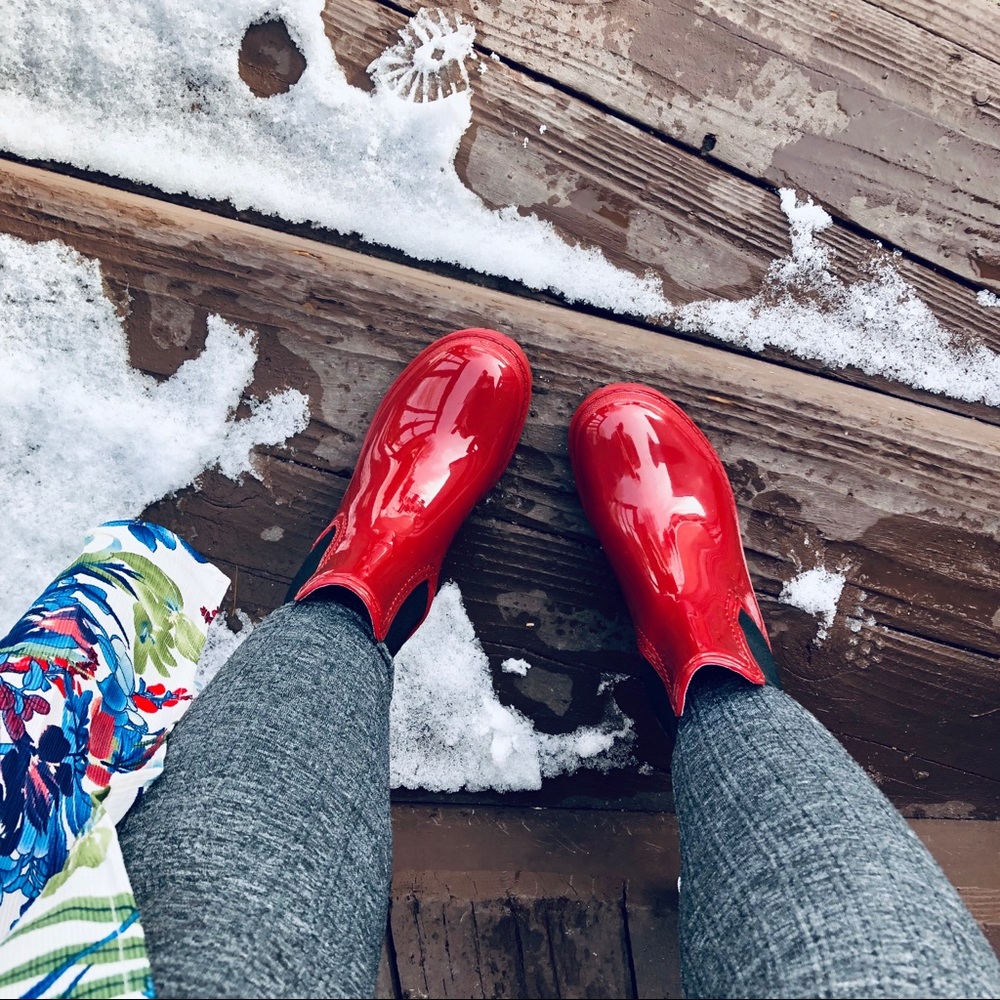 LAST PAIR! New! Red Rain Boots with Block Heel - Picture 3 of 8